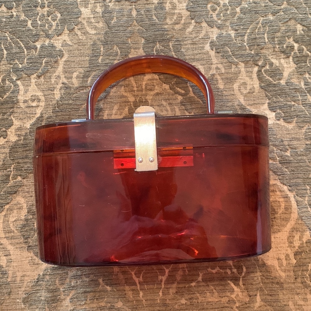 VINTAGE 1950’s TORTOISE-LOOK LUCITE BOX BAG:AMBER WITH SWING HANDLE :HANDBAG - Picture 2 of 6